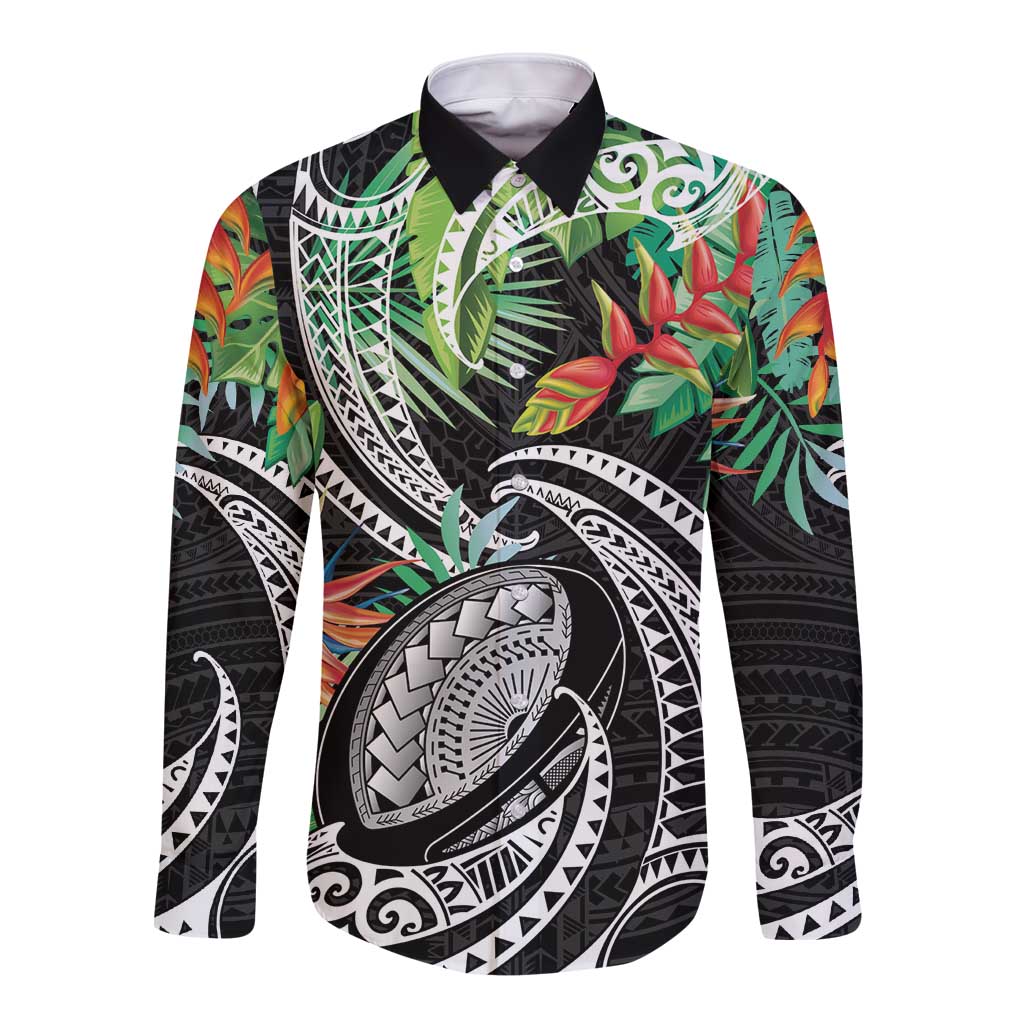 Polynesian Pacific Rugby Tribal Long Sleeve Button Shirt Tropical Vibe LT9 Unisex Black - Polynesian Pride