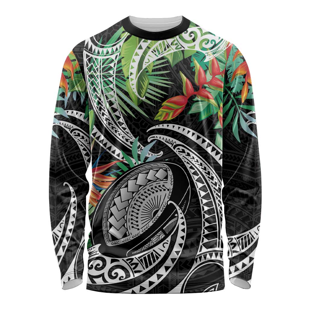 Polynesian Pacific Rugby Tribal Long Sleeve Shirt Tropical Vibe LT9 Unisex Black - Polynesian Pride