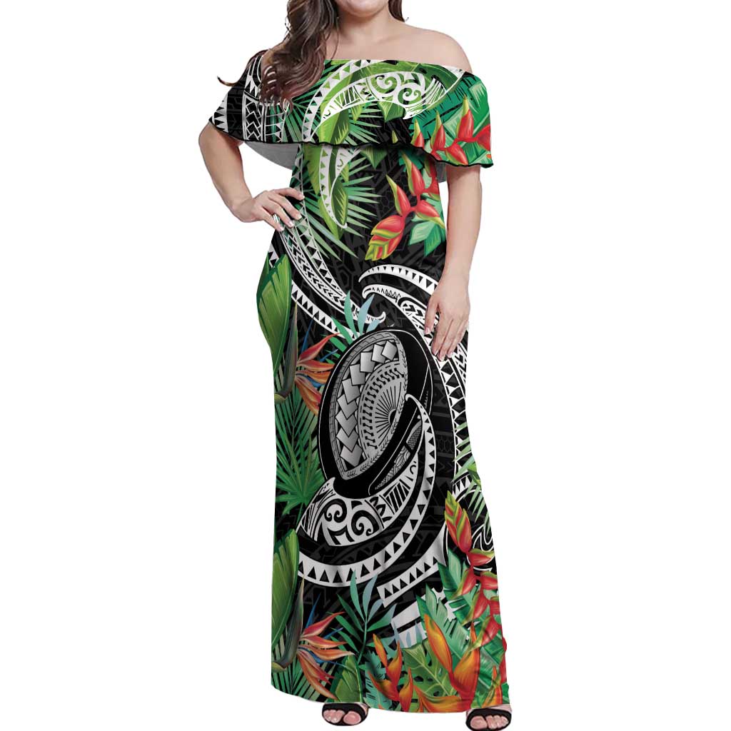 Polynesian Pacific Rugby Tribal Off Shoulder Maxi Dress Tropical Vibe LT9 Women Black - Polynesian Pride