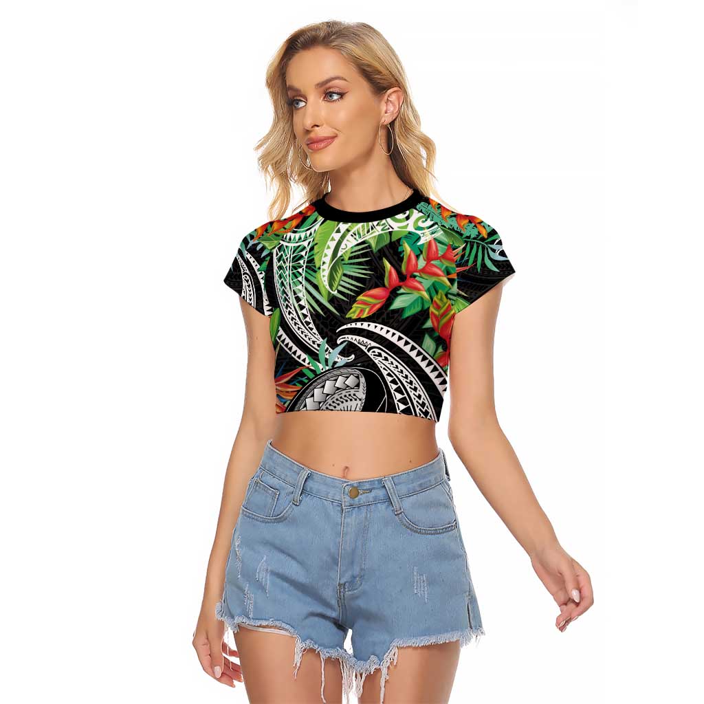 Polynesian Pacific Rugby Tribal Raglan Cropped T Shirt Tropical Vibe LT9 Female Black - Polynesian Pride