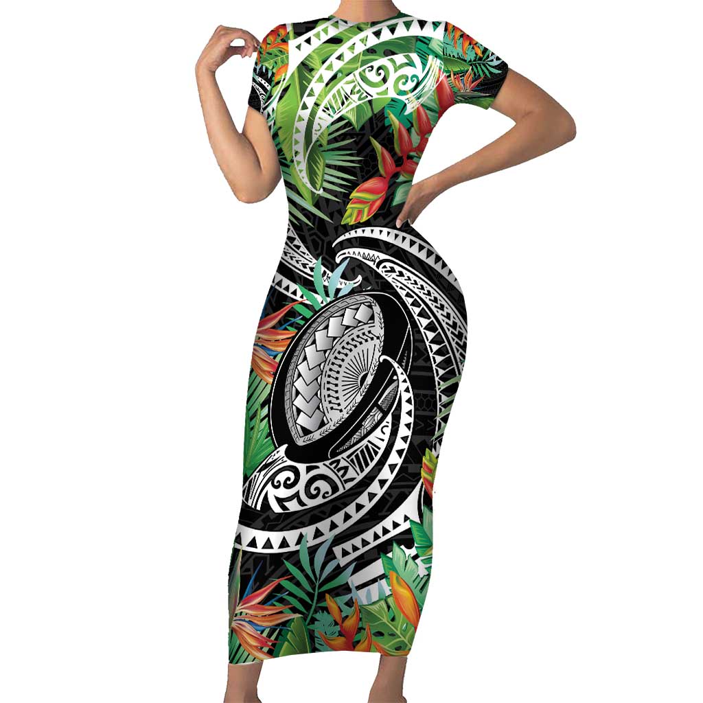 Polynesian Pacific Rugby Tribal Short Sleeve Bodycon Dress Tropical Vibe LT9 Long Dress Black - Polynesian Pride