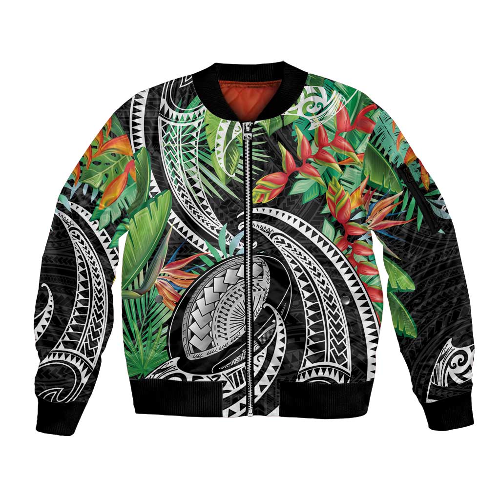 Polynesian Pacific Rugby Tribal Sleeve Zip Bomber Jacket Tropical Vibe LT9 Unisex Black - Polynesian Pride