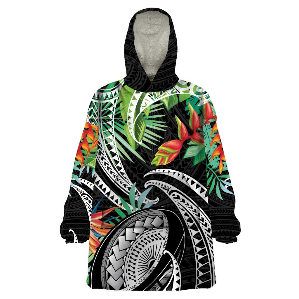 Polynesian Pacific Rugby Tribal Wearable Blanket Hoodie Tropical Vibe LT9 One Size Black - Polynesian Pride