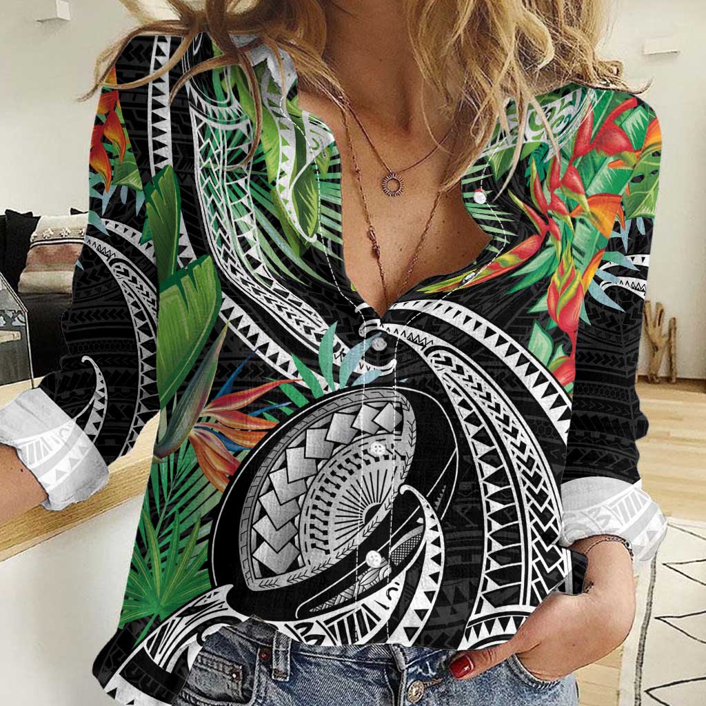 Polynesian Pacific Rugby Tribal Women Casual Shirt Tropical Vibe LT9 Female Black - Polynesian Pride