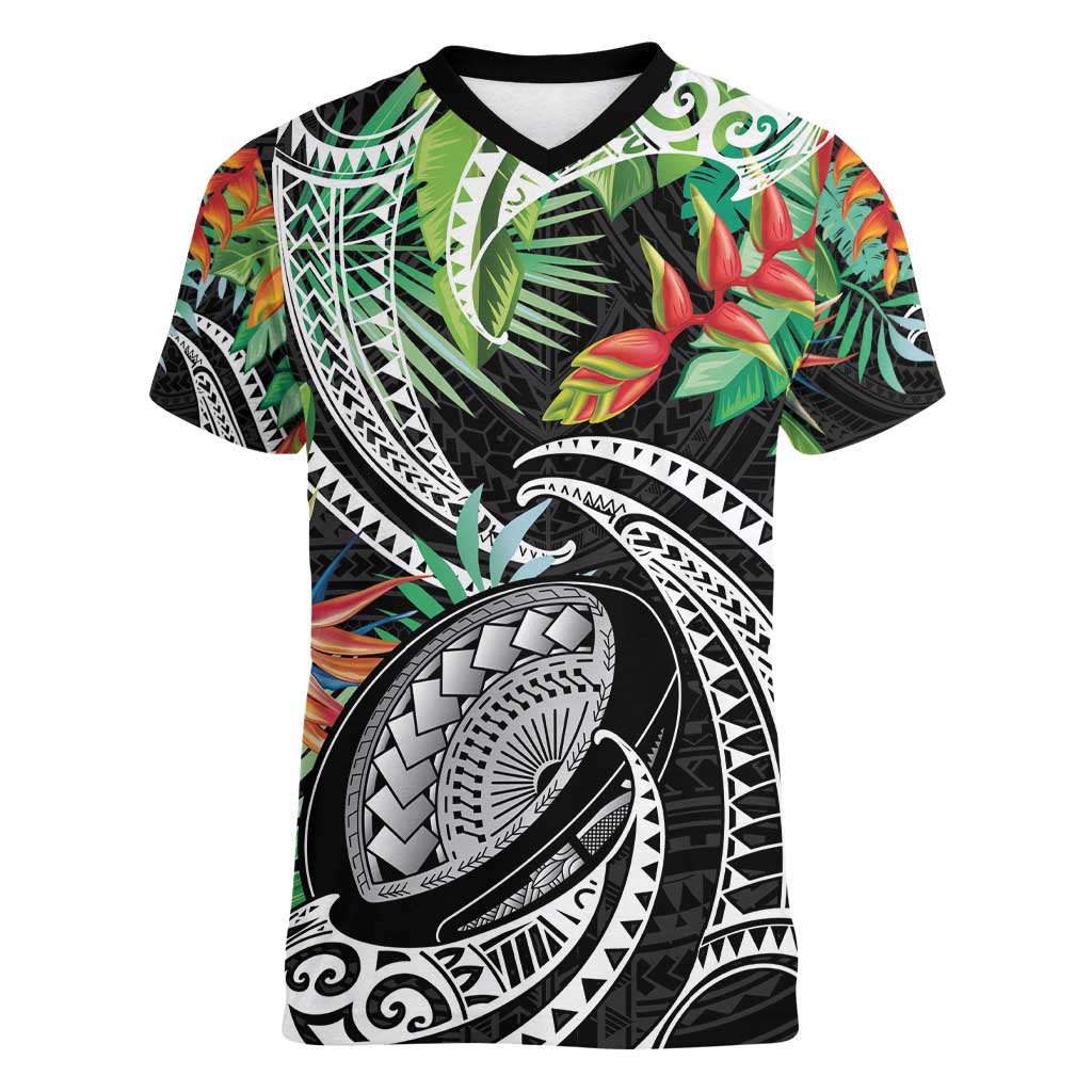 Polynesian Pacific Rugby Tribal Women V-Neck T-Shirt Tropical Vibe LT9 Female Black - Polynesian Pride