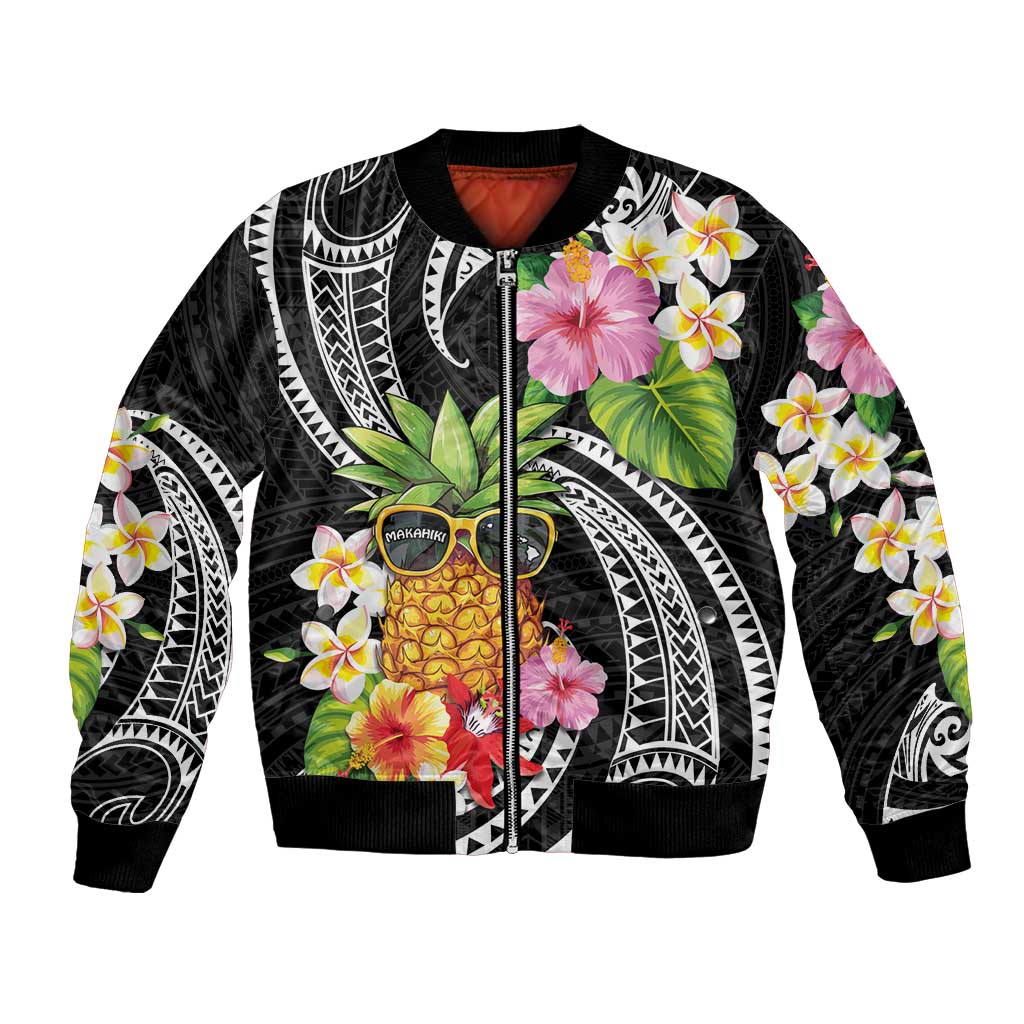 Hau'oli Makahiki Hou Bomber Jacket Aloha Pineapple Tropical Vibe LT9 Unisex Black - Polynesian Pride