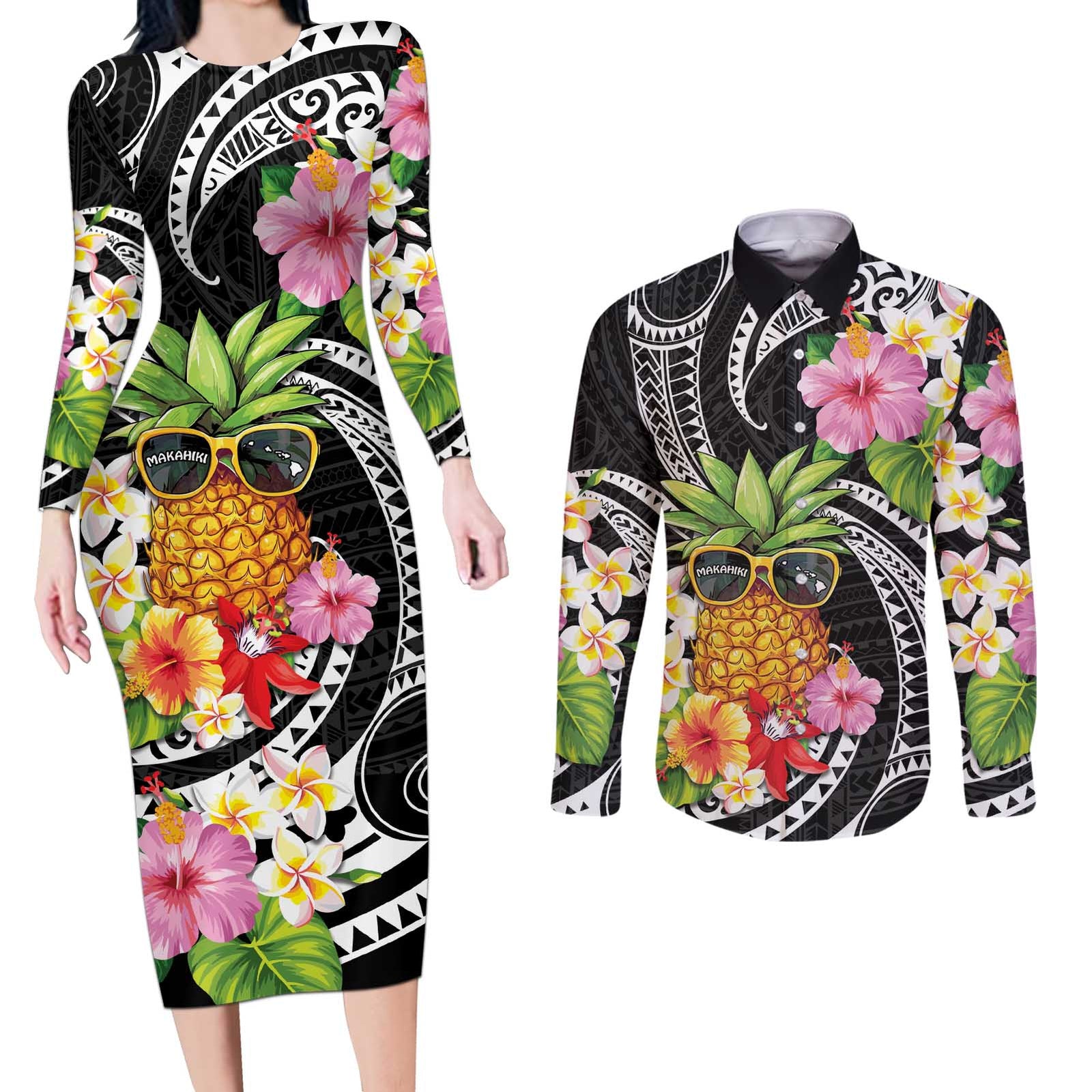 Hau'oli Makahiki Hou Couples Matching Long Sleeve Bodycon Dress and Long Sleeve Button Shirt Aloha Pineapple Tropical Vibe LT9 Black - Polynesian Pride