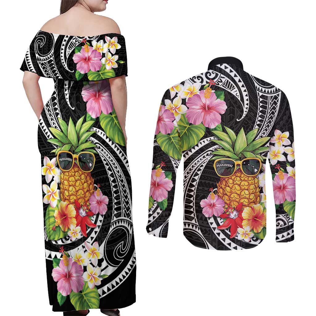 Hau'oli Makahiki Hou Couples Matching Off Shoulder Maxi Dress and Long Sleeve Button Shirt Aloha Pineapple Tropical Vibe