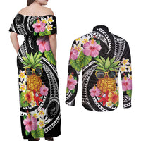 Hau'oli Makahiki Hou Couples Matching Off Shoulder Maxi Dress and Long Sleeve Button Shirt Aloha Pineapple Tropical Vibe