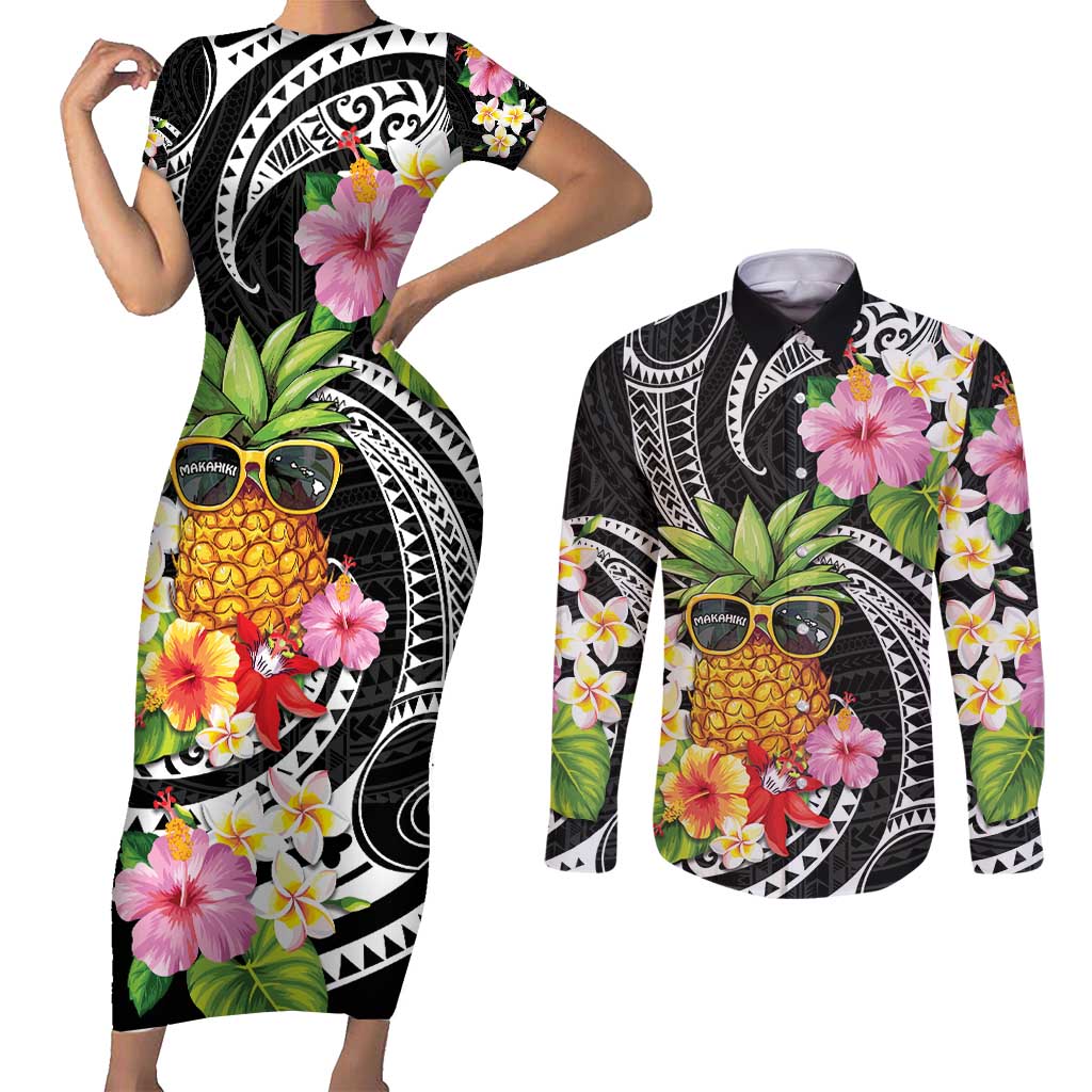 Hau'oli Makahiki Hou Couples Matching Short Sleeve Bodycon Dress and Long Sleeve Button Shirt Aloha Pineapple Tropical Vibe
