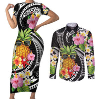 Hau'oli Makahiki Hou Couples Matching Short Sleeve Bodycon Dress and Long Sleeve Button Shirt Aloha Pineapple Tropical Vibe