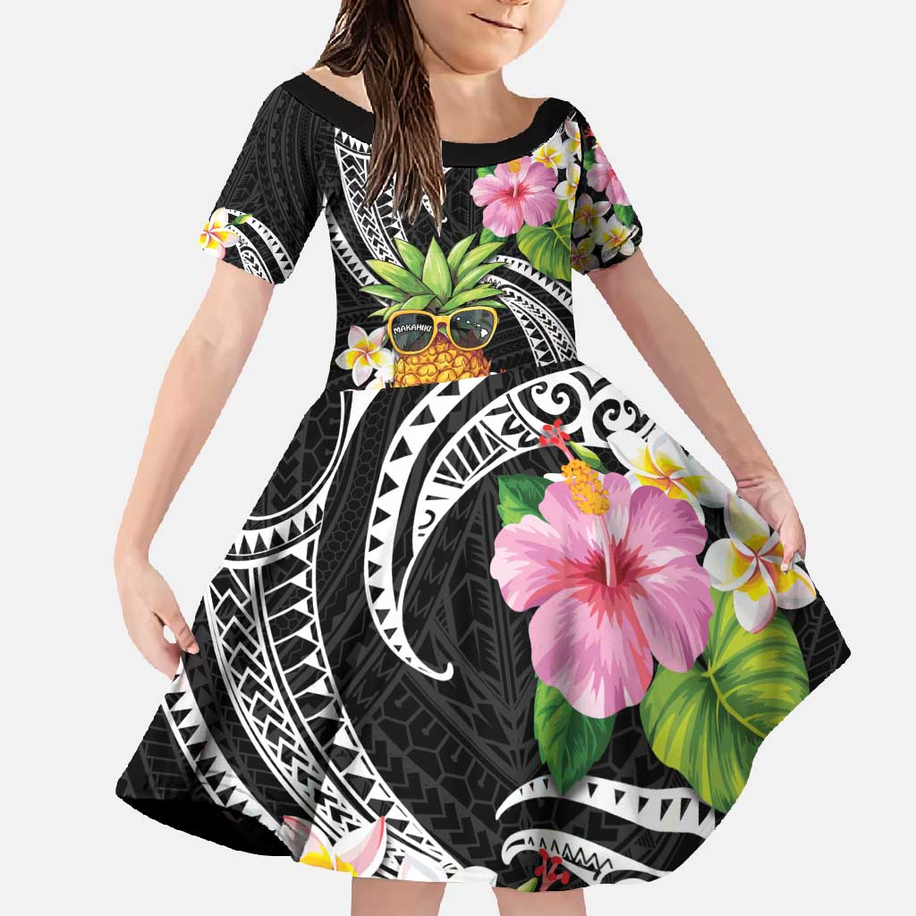 Hau'oli Makahiki Hou Family Matching Short Sleeve Bodycon Dress and Hawaiian Shirt Aloha Pineapple Tropical Vibe LT9 Daughter's Dress Black - Polynesian Pride