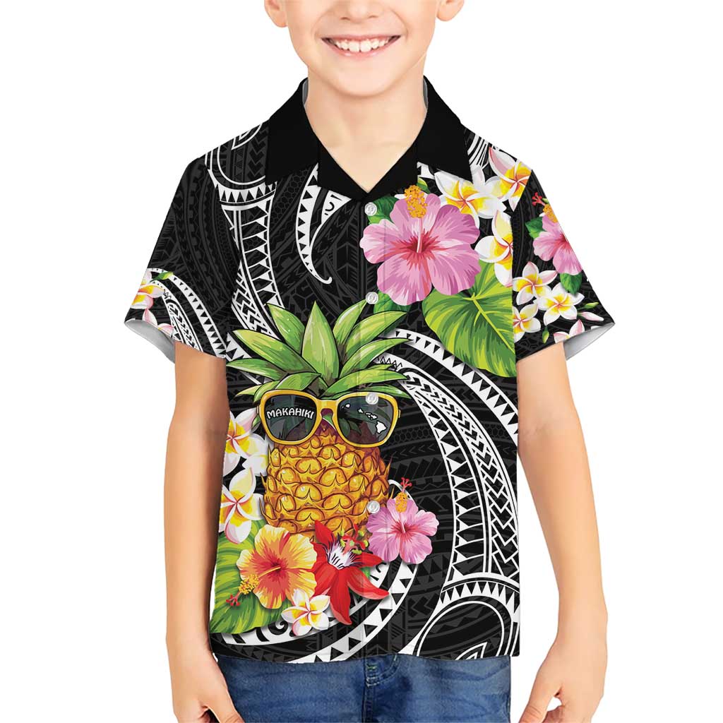Hau'oli Makahiki Hou Family Matching Short Sleeve Bodycon Dress and Hawaiian Shirt Aloha Pineapple Tropical Vibe LT9 Son's Shirt Black - Polynesian Pride