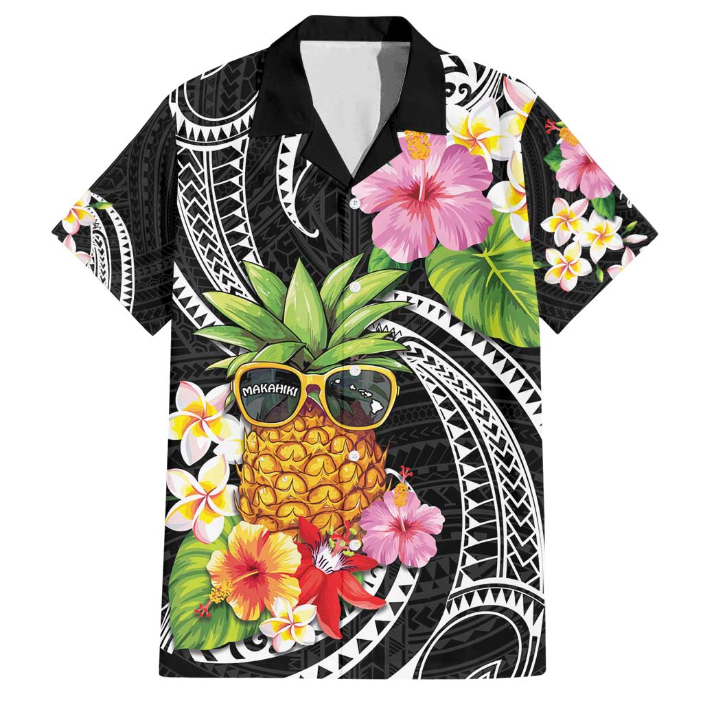 Hau'oli Makahiki Hou Family Matching Tank Maxi Dress and Hawaiian Shirt Aloha Pineapple Tropical Vibe LT9 Dad's Shirt - Short Sleeve Black - Polynesian Pride
