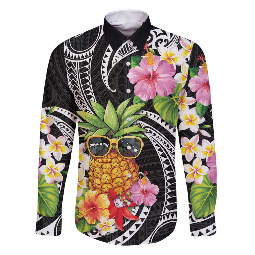 Hau'oli Makahiki Hou Family Matching Tank Maxi Dress and Hawaiian Shirt Aloha Pineapple Tropical Vibe LT9 Dad's Shirt - Long Sleeve Black - Polynesian Pride