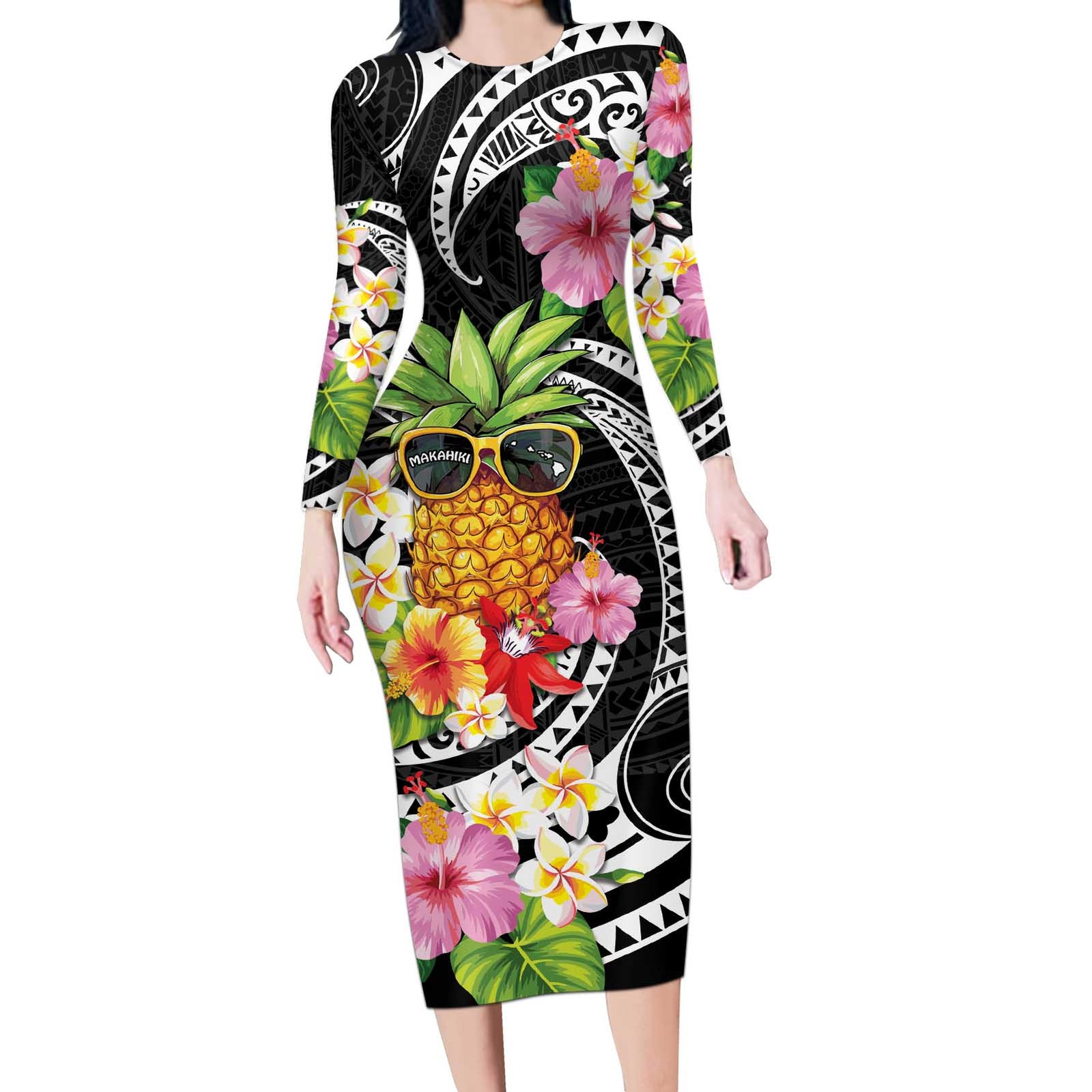 Hau'oli Makahiki Hou Long Sleeve Bodycon Dress Aloha Pineapple Tropical Vibe LT9 Long Dress Black - Polynesian Pride