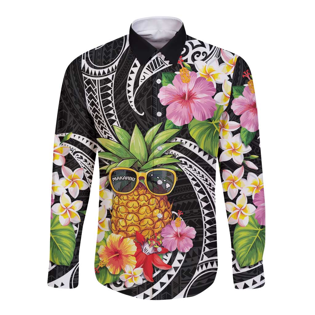 Hau'oli Makahiki Hou Long Sleeve Button Shirt Aloha Pineapple Tropical Vibe LT9 Unisex Black - Polynesian Pride