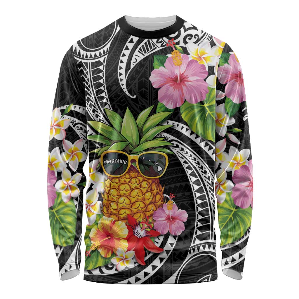 Hau'oli Makahiki Hou Long Sleeve Shirt Aloha Pineapple Tropical Vibe LT9 Unisex Black - Polynesian Pride