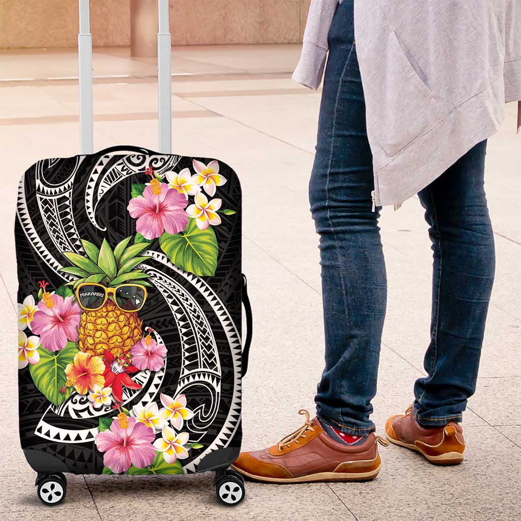 Hau'oli Makahiki Hou Luggage Cover Aloha Pineapple Tropical Vibe LT9 Black - Polynesian Pride