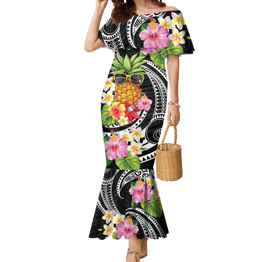 Hau'oli Makahiki Hou Mermaid Dress Aloha Pineapple Tropical Vibe LT9 Women Black - Polynesian Pride