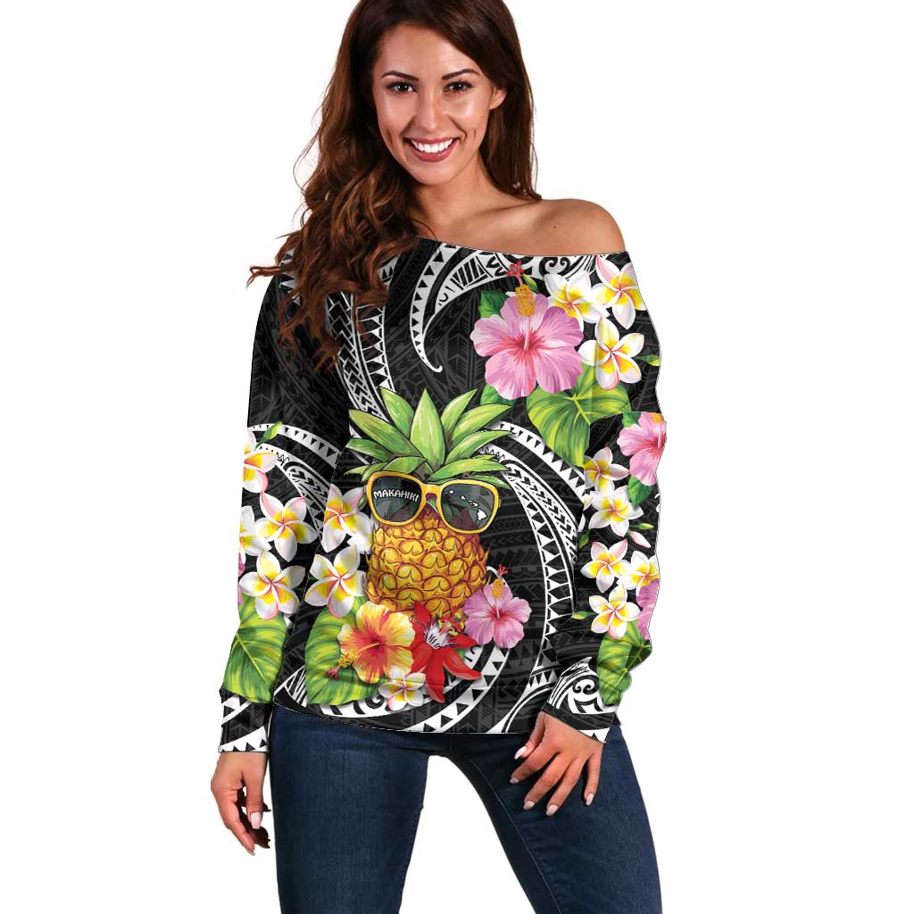 Hau'oli Makahiki Hou Off Shoulder Sweater Aloha Pineapple Tropical Vibe LT9 Women Black - Polynesian Pride