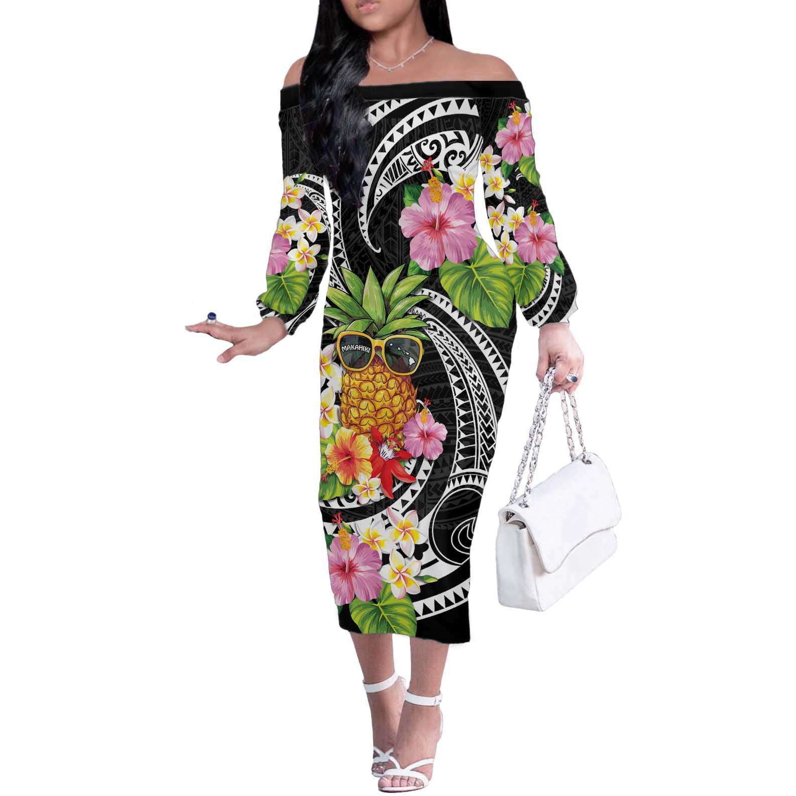 Hau'oli Makahiki Hou Off The Shoulder Long Sleeve Dress Aloha Pineapple Tropical Vibe LT9 Women Black - Polynesian Pride