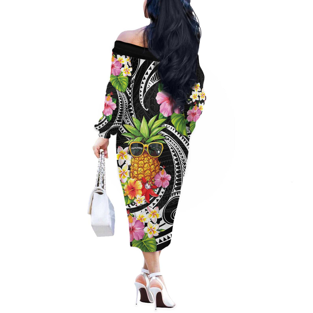 Hau'oli Makahiki Hou Off The Shoulder Long Sleeve Dress Aloha Pineapple Tropical Vibe