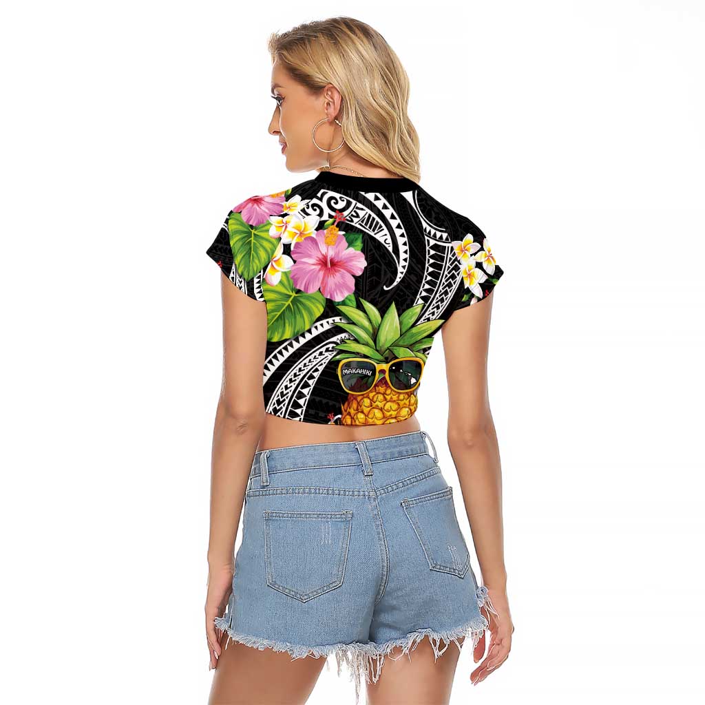 Hau'oli Makahiki Hou Raglan Cropped T Shirt Aloha Pineapple Tropical Vibe