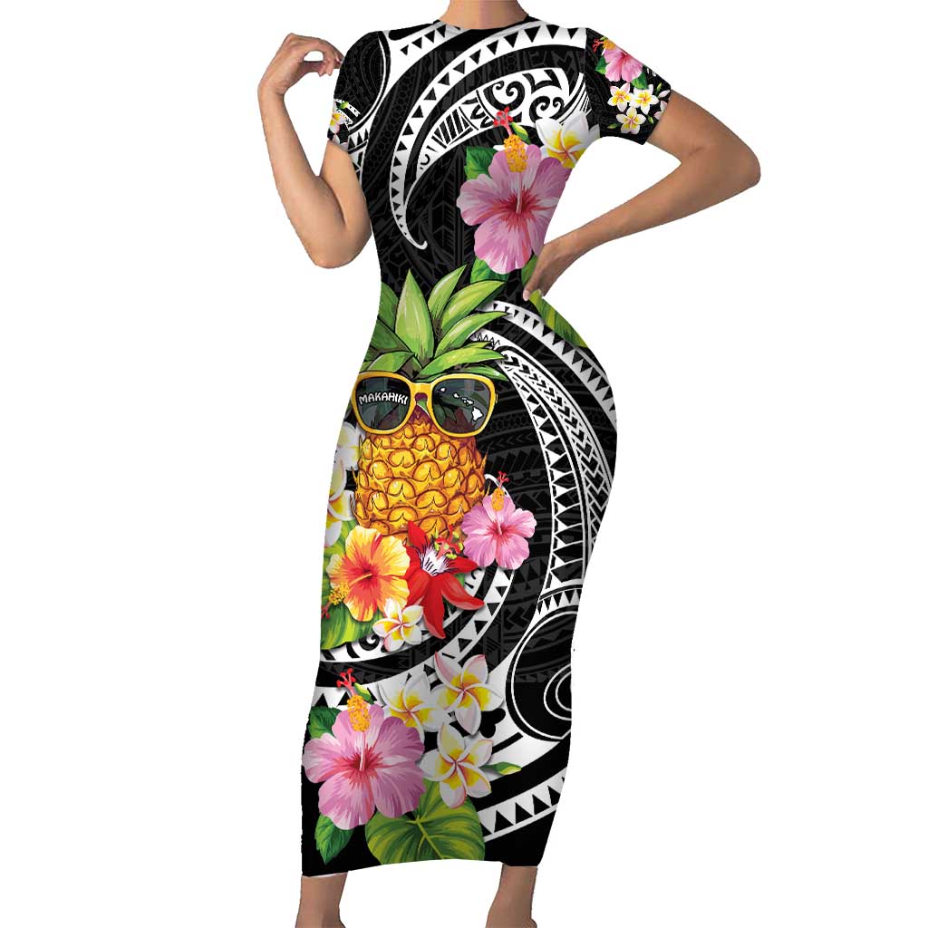 Hau'oli Makahiki Hou Short Sleeve Bodycon Dress Aloha Pineapple Tropical Vibe LT9 Long Dress Black - Polynesian Pride