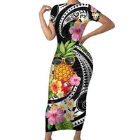 Hau'oli Makahiki Hou Short Sleeve Bodycon Dress Aloha Pineapple Tropical Vibe LT9 Long Dress Black - Polynesian Pride