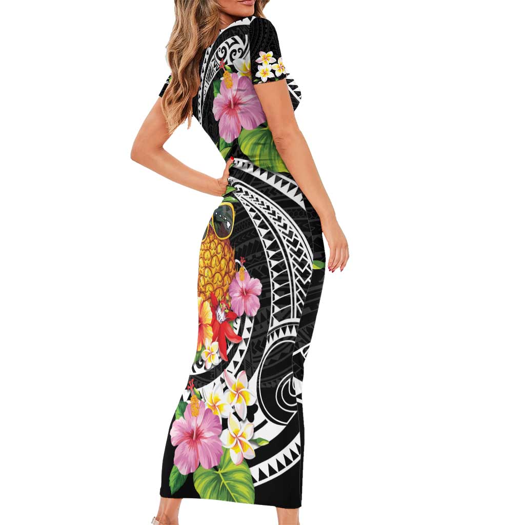Hau'oli Makahiki Hou Short Sleeve Bodycon Dress Aloha Pineapple Tropical Vibe LT9 - Polynesian Pride