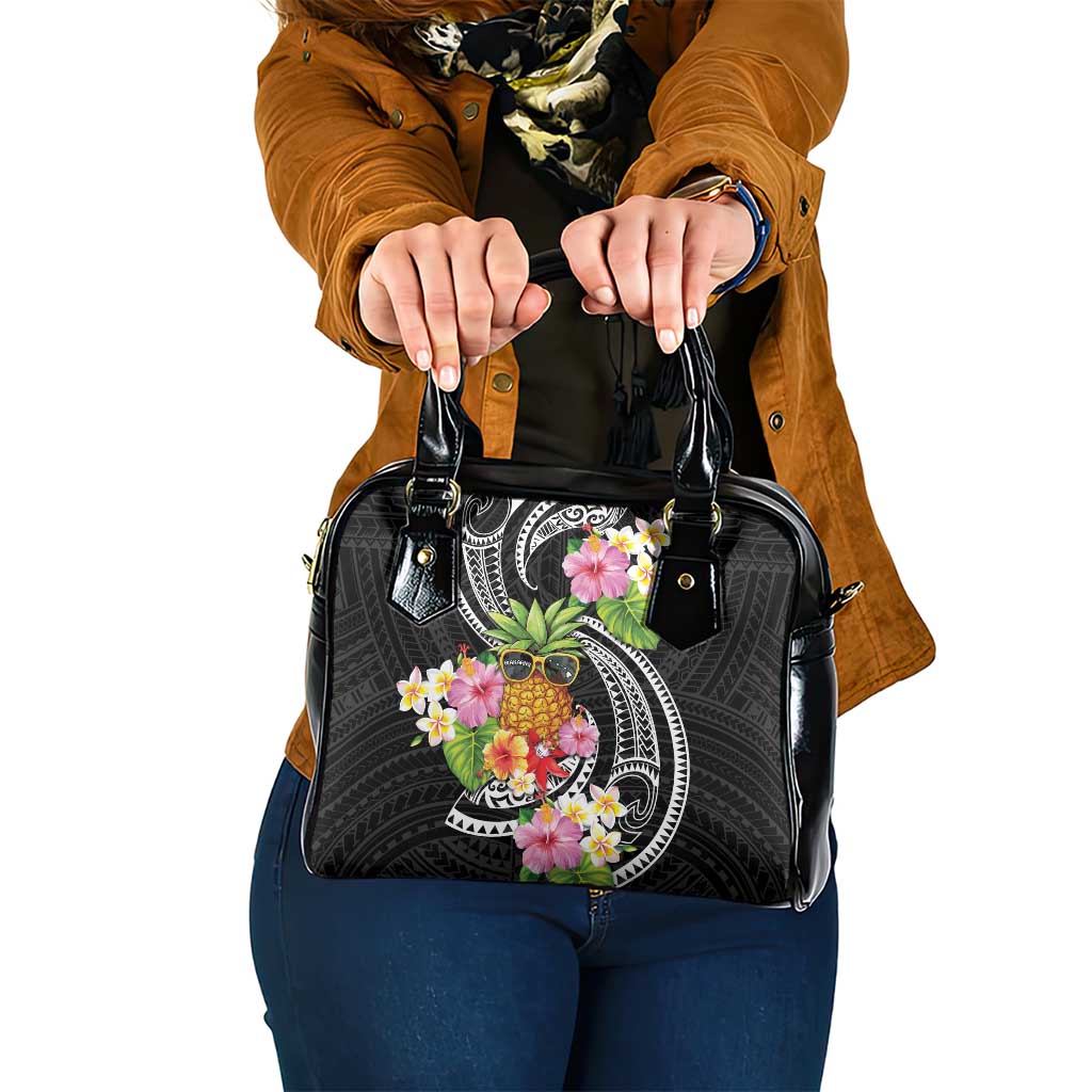 Hau'oli Makahiki Hou Shoulder Handbag Aloha Pineapple Tropical Vibe LT9 One Size Black - Polynesian Pride
