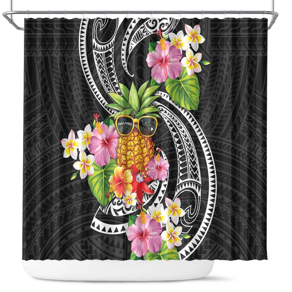 Hau'oli Makahiki Hou Shower Curtain Aloha Pineapple Tropical Vibe LT9 Black - Polynesian Pride