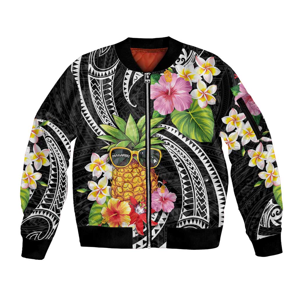 Hau'oli Makahiki Hou Sleeve Zip Bomber Jacket Aloha Pineapple Tropical Vibe LT9 Unisex Black - Polynesian Pride