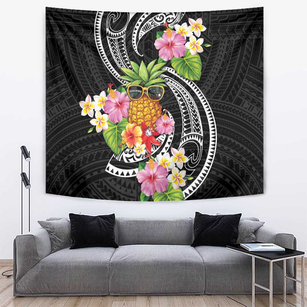 Hau'oli Makahiki Hou Tapestry Aloha Pineapple Tropical Vibe LT9 Black - Polynesian Pride