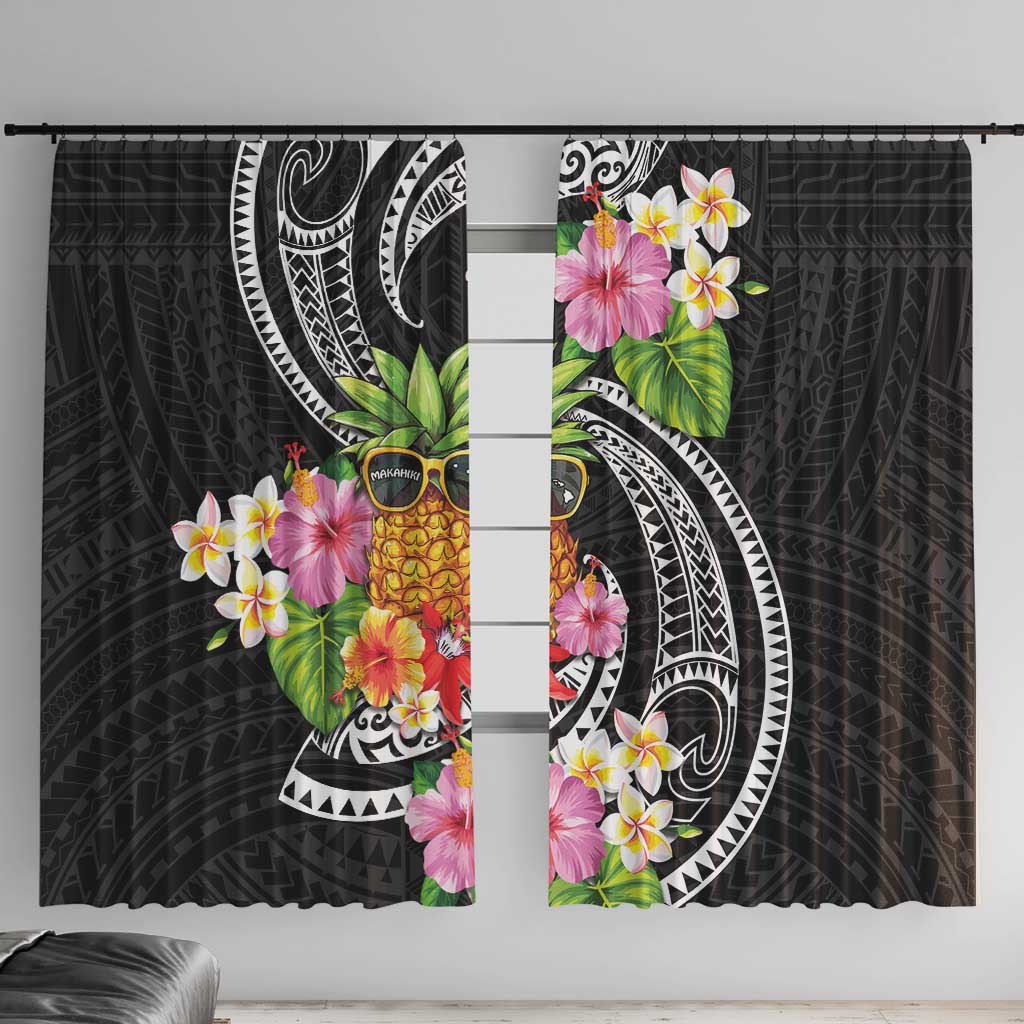 Hau'oli Makahiki Hou Window Curtain Aloha Pineapple Tropical Vibe LT9 With Hooks Black - Polynesian Pride