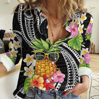 Hau'oli Makahiki Hou Women Casual Shirt Aloha Pineapple Tropical Vibe
