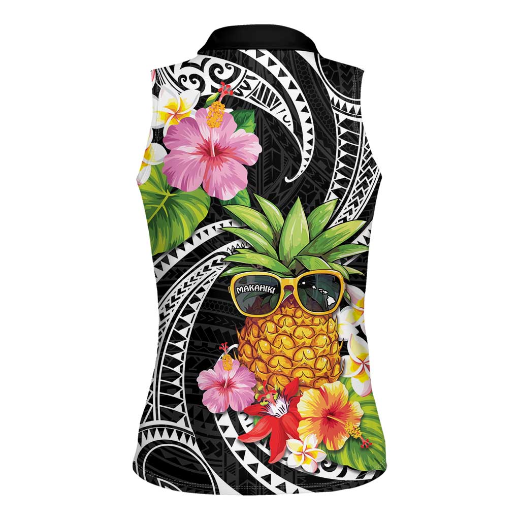 Hau'oli Makahiki Hou Women Sleeveless Polo Shirt Aloha Pineapple Tropical Vibe