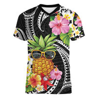 Hau'oli Makahiki Hou Women V-Neck T-Shirt Aloha Pineapple Tropical Vibe