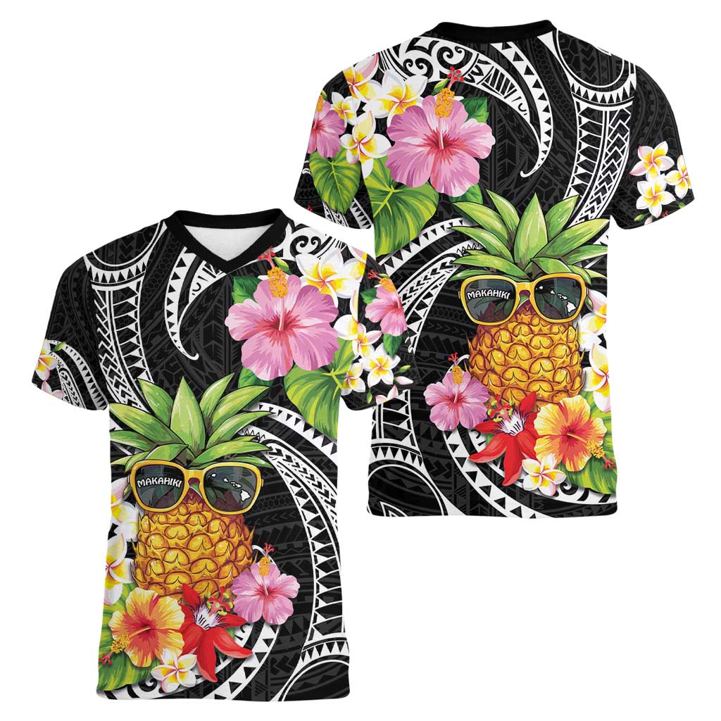 Hau'oli Makahiki Hou Women V-Neck T-Shirt Aloha Pineapple Tropical Vibe