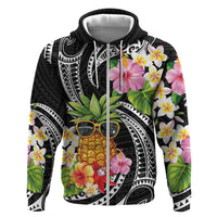 Hau'oli Makahiki Hou Zip Hoodie Aloha Pineapple Tropical Vibe LT9 Zip Hoodie Black - Polynesian Pride