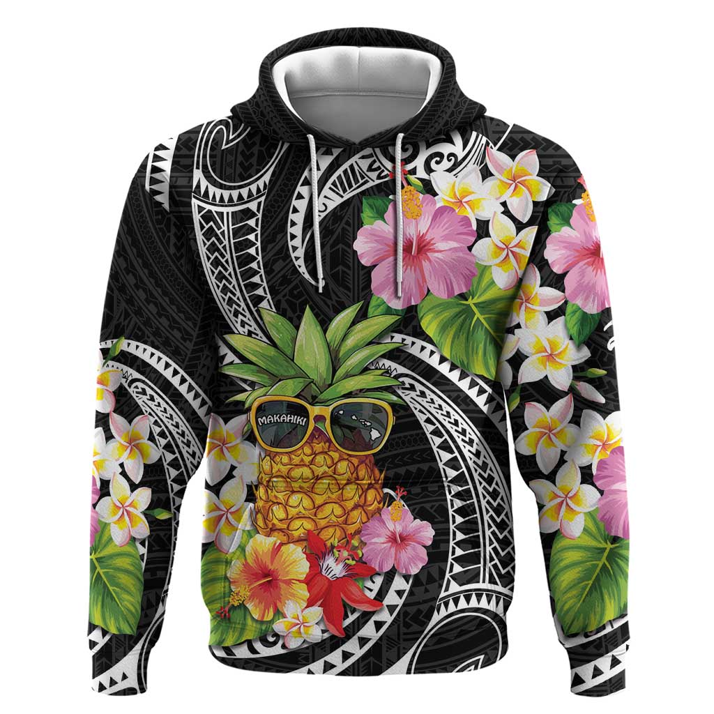 Hau'oli Makahiki Hou Zip Hoodie Aloha Pineapple Tropical Vibe LT9 Pullover Hoodie Black - Polynesian Pride