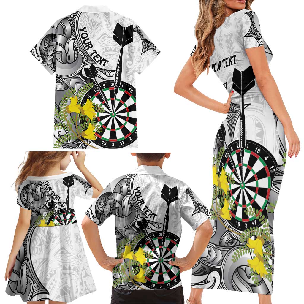 Personalised New Zealand Darts Family Matching Short Sleeve Bodycon Dress and Hawaiian Shirt Kowhai Floral with Maori Tattoo