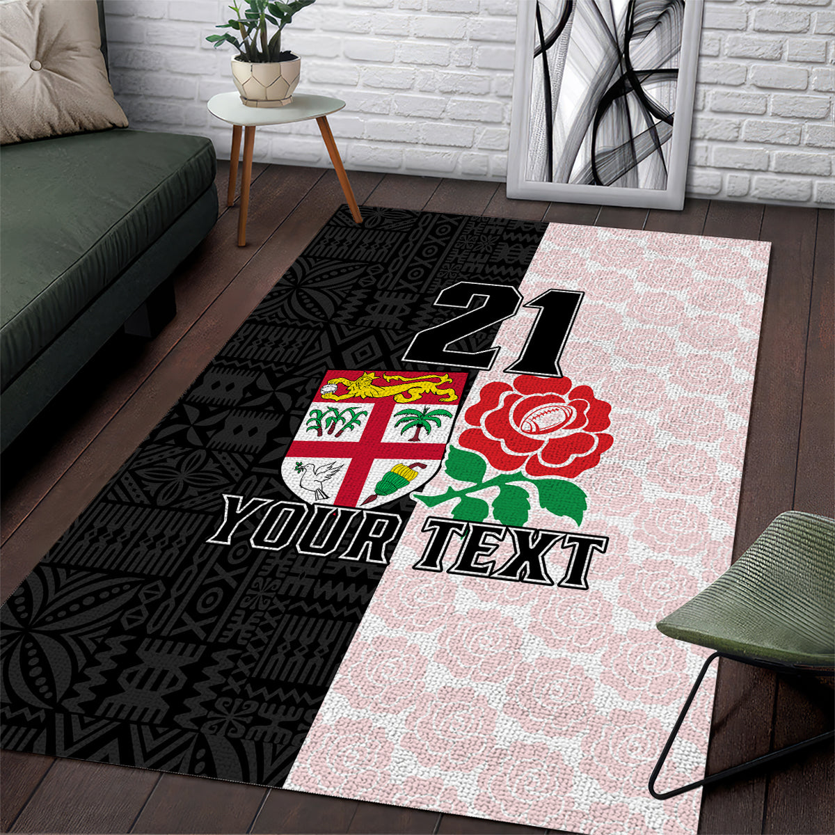 Custom Fiji England Rugby Area Rug Tapa Pattern and Rose Flower World Cup 2023 LT9 White - Polynesian Pride
