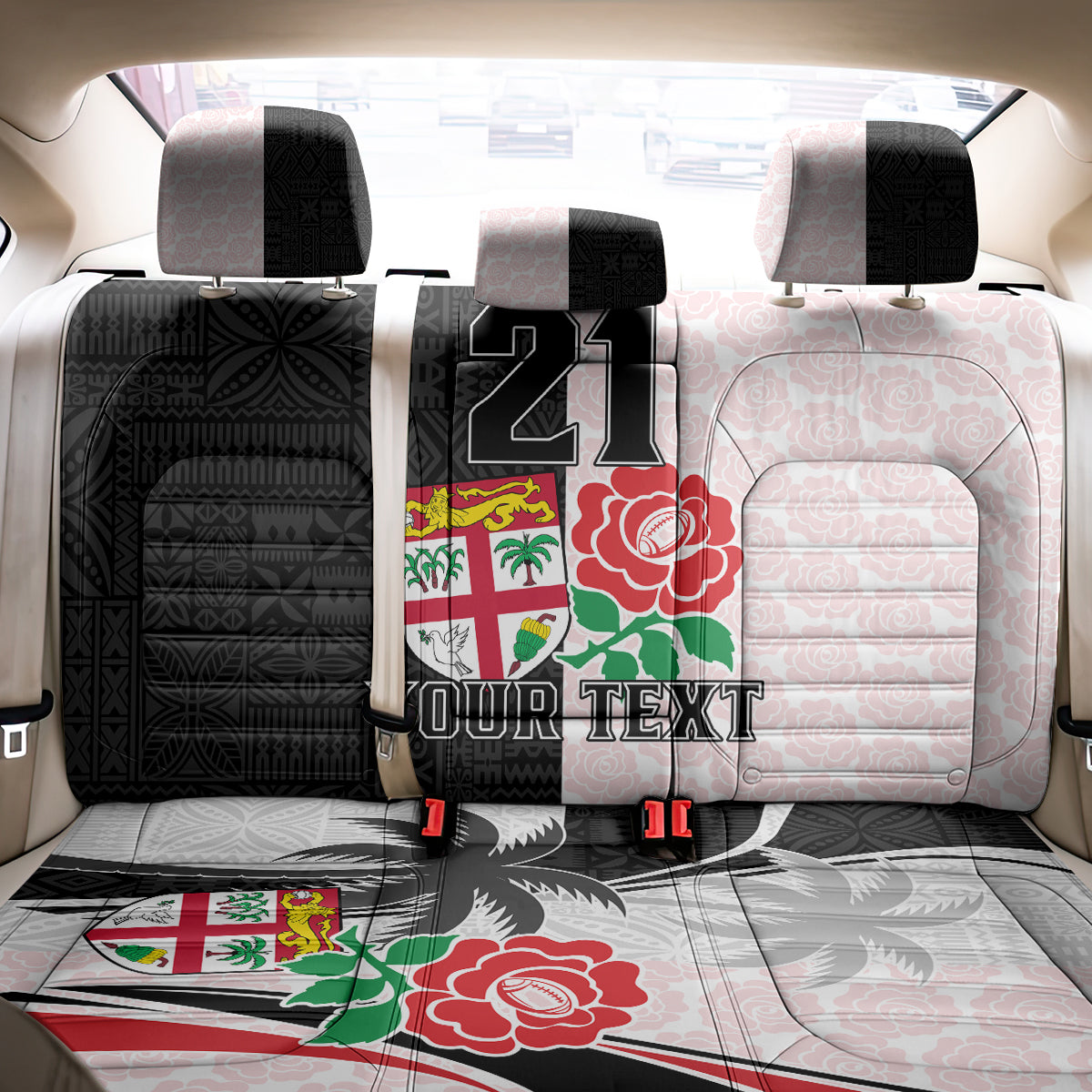 Custom Fiji England Rugby Back Car Seat Cover Tapa Pattern and Rose Flower World Cup 2023