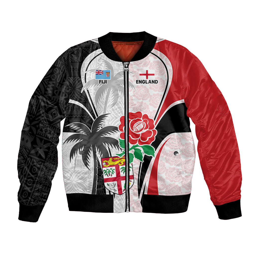 Custom Fiji England Rugby Bomber Jacket Tapa Pattern and Rose Flower World Cup 2023 LT9 Unisex White - Polynesian Pride