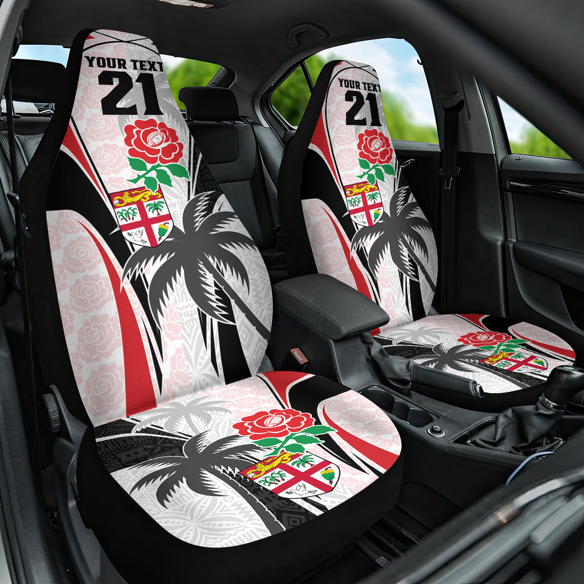 Custom Fiji England Rugby Car Seat Cover Tapa Pattern and Rose Flower World Cup 2023 LT9 One Size White - Polynesian Pride