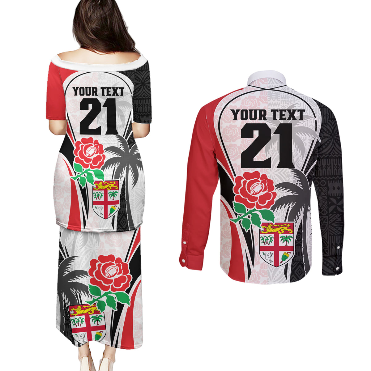 Custom Fiji England Rugby Couples Matching Puletasi Dress and Long Sleeve Button Shirts Tapa Pattern and Rose Flower World Cup 2023 LT9 - Polynesian Pride