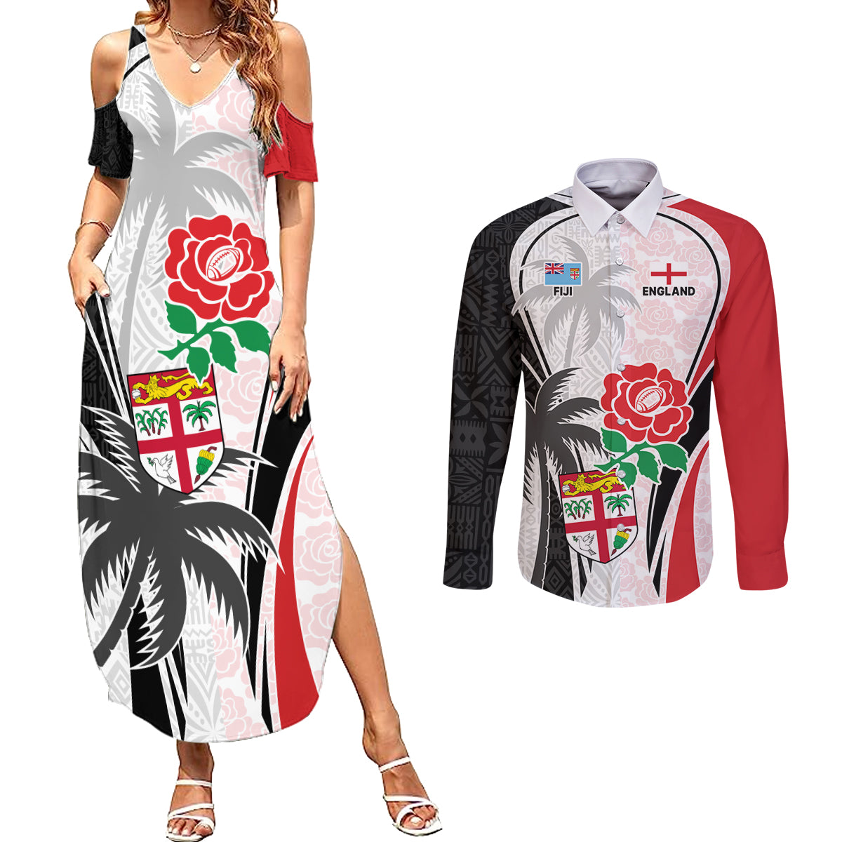 Custom Fiji England Rugby Couples Matching Summer Maxi Dress and Long Sleeve Button Shirts Tapa Pattern and Rose Flower World Cup 2023 LT9 White - Polynesian Pride