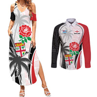 Custom Fiji England Rugby Couples Matching Summer Maxi Dress and Long Sleeve Button Shirts Tapa Pattern and Rose Flower World Cup 2023 LT9 White - Polynesian Pride